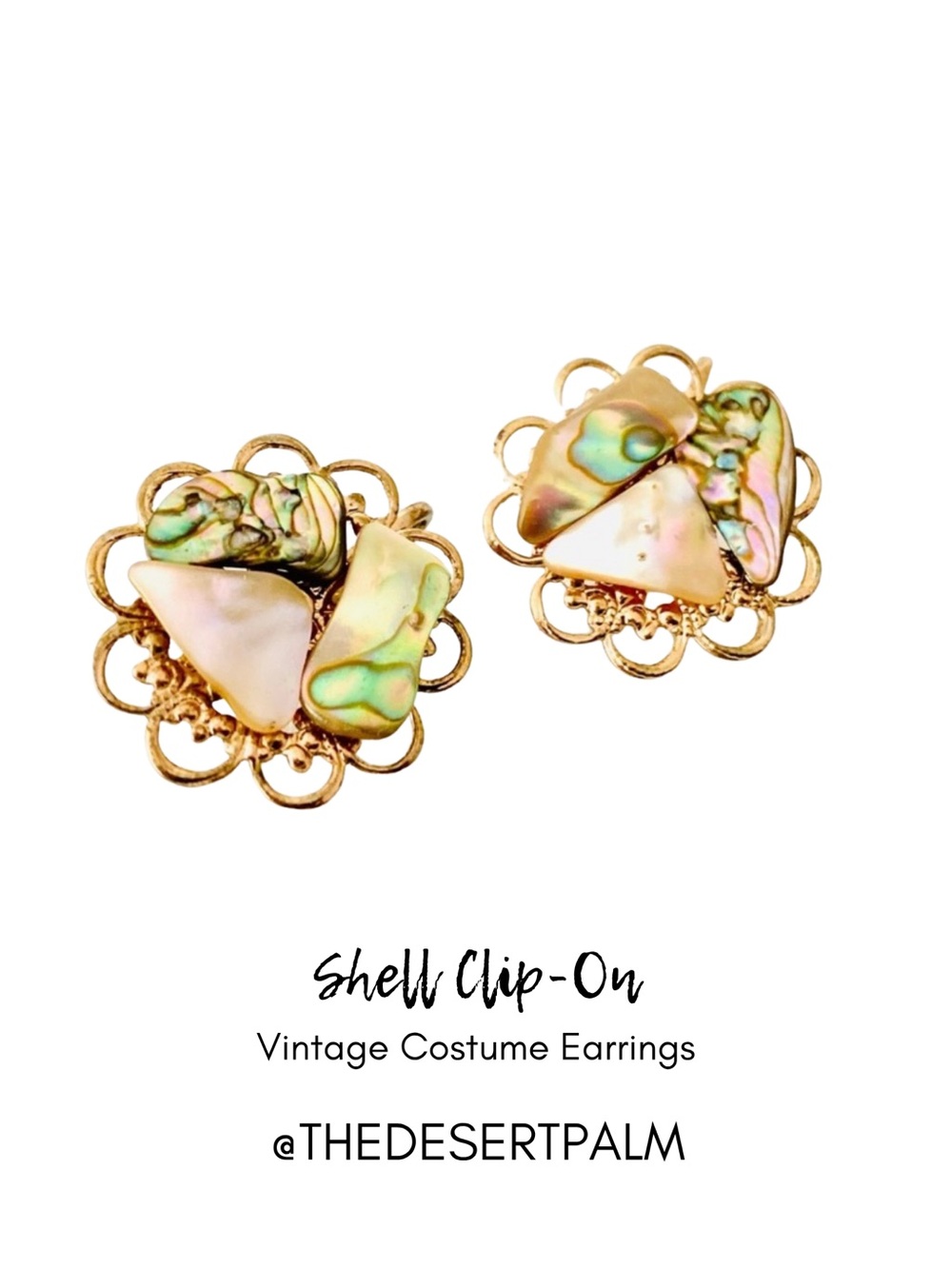 Vintage Abalone Shell Clip-On Earrings Gold Tone Floral Retro Jewelry